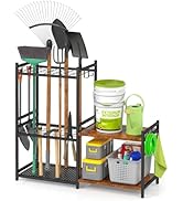 DAOUTIME Garage Tool Organizer with 2-tier Wooden Shelves, Yard Tool Organizer for Garage with 6 ...