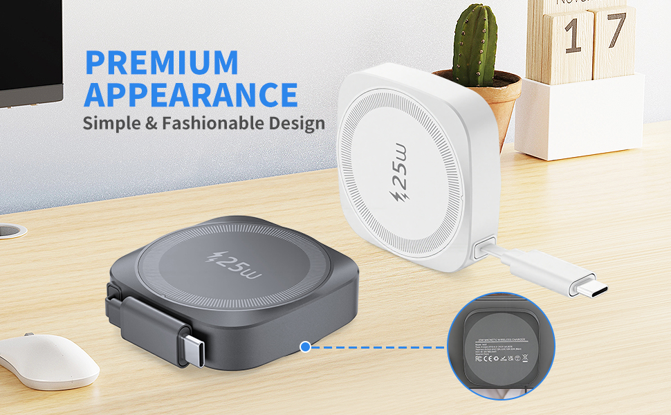 25W magnetic wireless charger, sleek minimalist design with built-in retractable cable