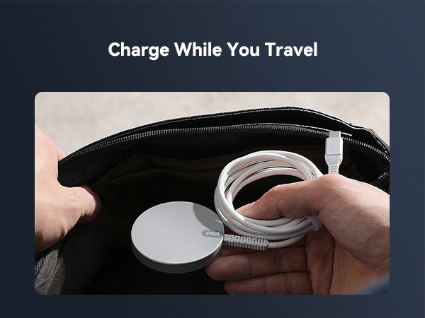 Portable charging device with white circular disc and coiled cable being placed into black travel pouch. Text reads 'Charge While You Travel'.