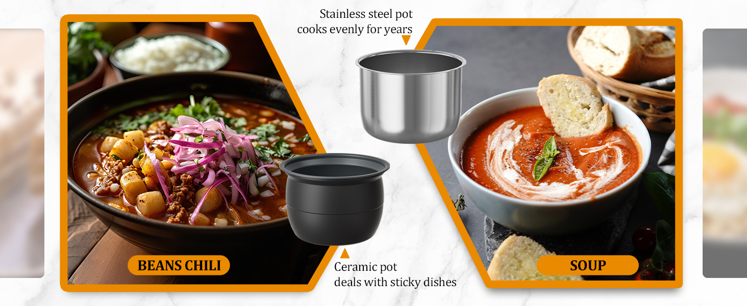 Ceramic pot conquers sticky disasters while stainless steel poy maintains perfect heat for decades
