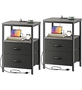 Huuger Nightstands Set of 2, End Tables with Charging Station, Side Tables with Fabric Drawers, B...
