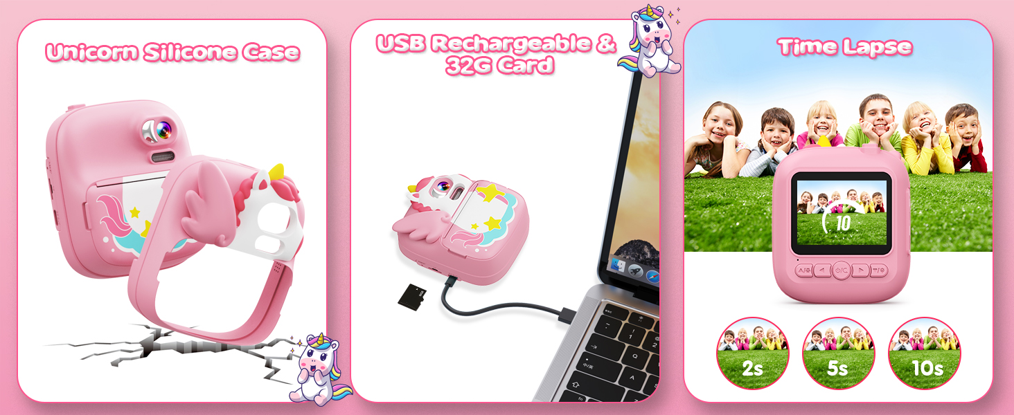 kid camera instant print silicone case 32GB TF card time lapse