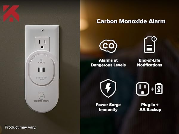 Kidde carbon monoxide detector plugged into wall with product features icons overlay-mobile
