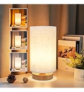3-Color Adjustable Bedside Table Lamp for Bedroom,Minimalist Wood Base&amp;Round Fabric Shade,Cozy Li...