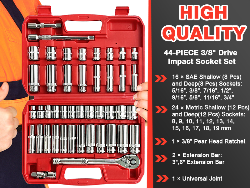 44Pcs 3/8” Drive Impact Socket Set, Drive Master Socket Set,Drive Bit Set Extension