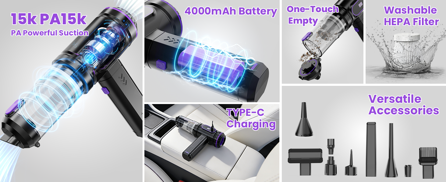 15K PA Porwerful Suction,4000mAh Battery,One-Touch Empty,Washable HEPA Filter,Type-C Charging