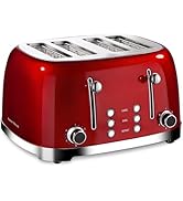 Roter Mond 4 Slice Toaster Retro Stainless Steel with Bagel Defrost Cancel Function, 6 Browning S...
