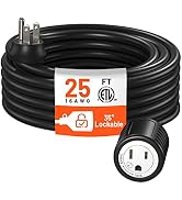 Extension Cord 25 Ft, 35° Lockable Plug, Outdoor Indoor Extension Cord with Flat Plug, 3 Prong Gr...