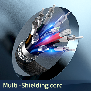 Cross-section of a multi-shielding cord with multiple internal wires glowing in blue and red, showcasing advanced cable protection technology.