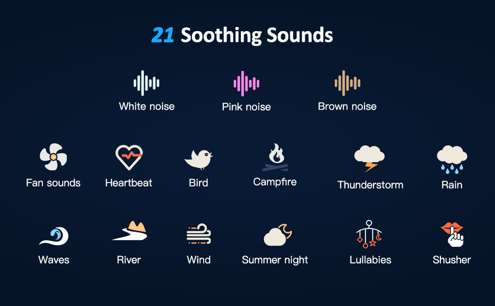 Dark interface displaying 12 soothing sound options including white noise, nature sounds, and ambient effects with corresponding icons.