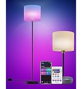 Floor lamp for living Room Works with Alexa &amp; Google, White Linen Lamp Shade LED Bright Tall Stan...