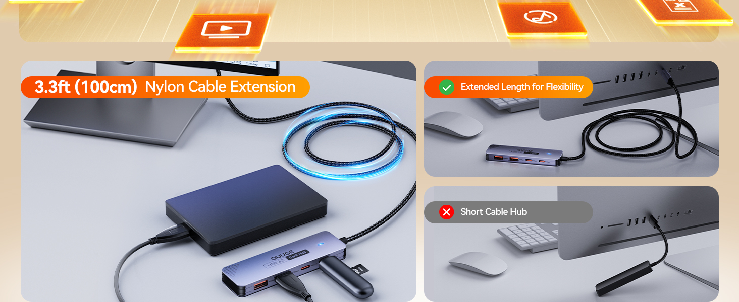 Split image showing charging cables and mobile device accessories. Orange and white product packaging visible in both panels.