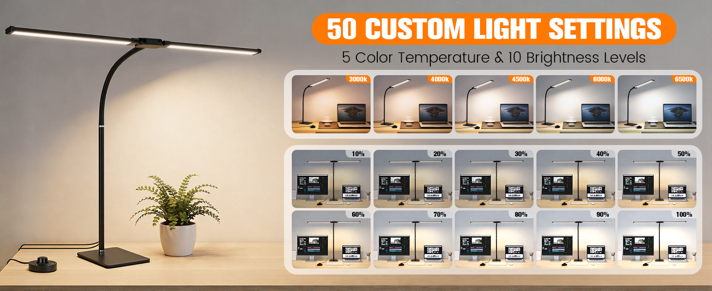 LED Desk Lamp with Base, Double Head Smart Desk Light with Controller Table Lamp for Home Office