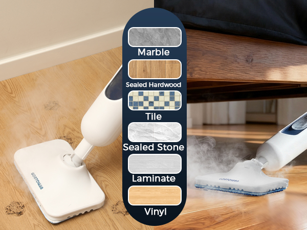 The steam mop can work on different surfaces, such as marble, sealed hardwood, tile, vinyl, laminate