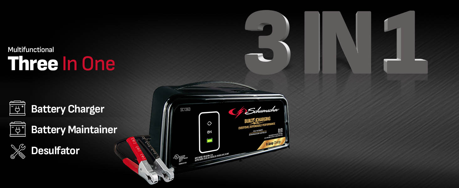 3 functions in 1 device: Car battery charger, battery maintainer, and desulfator