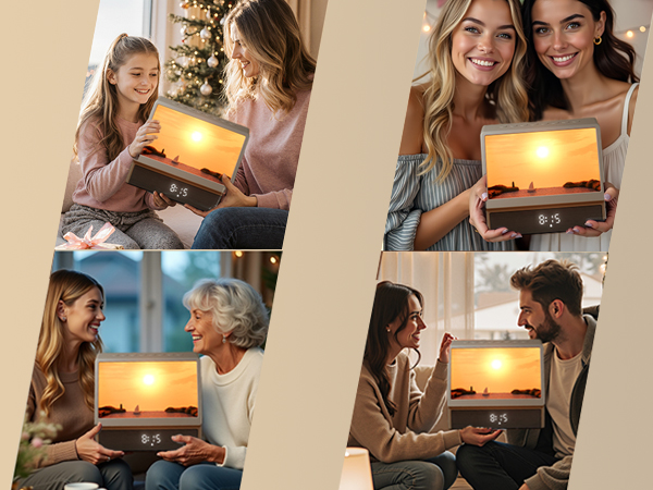Collage of lifestyle images showing people engaged in various indoor activities, with warm lighting and comfortable home settings.