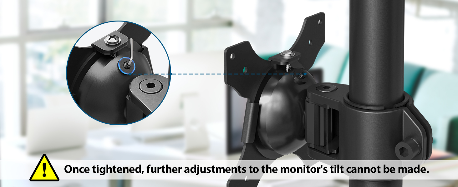 Black monitor mount with tilt adjustment mechanism. Close-up of locking knob and warning label about tightening limitations.