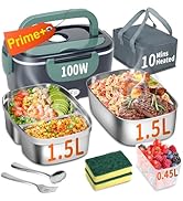 Electric Heated Lunch Box for Adults with 2 Pack 1.5L Containers, Portable 100W 3-IN-1 Fast Heate...