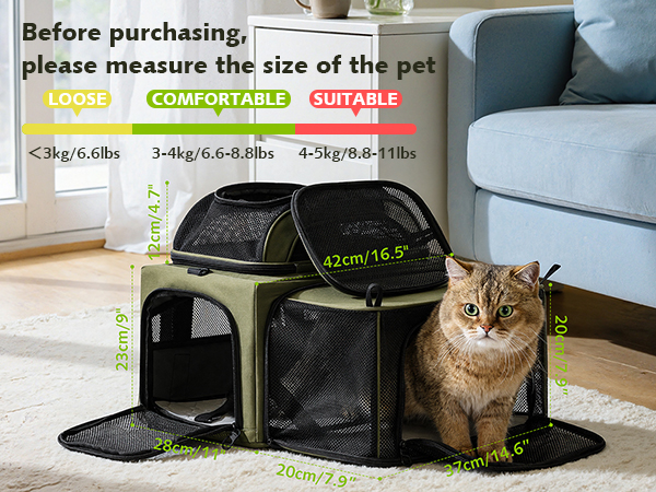 Text reads 'Before purchasing, please measure the size of the pet'. Images showing cat bed or shelter with measurement guidelines and demonstration of use.