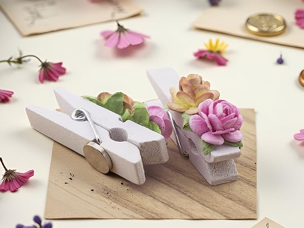 Handmade Mulberry Flower Decorated Mini White Wooden Clothespin Fridge Magnet