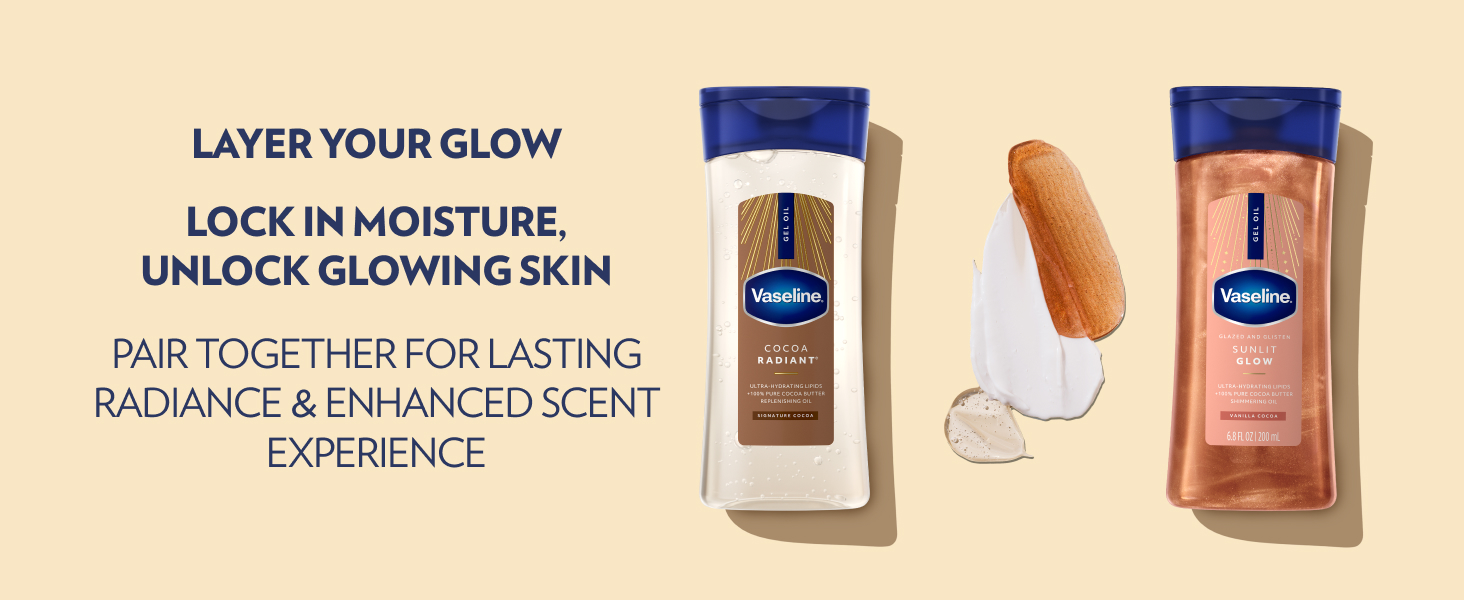 Cocoa Radiant &amp;amp; Sunlit Glow bottles with samples of both and text highlighing benefits of layering.