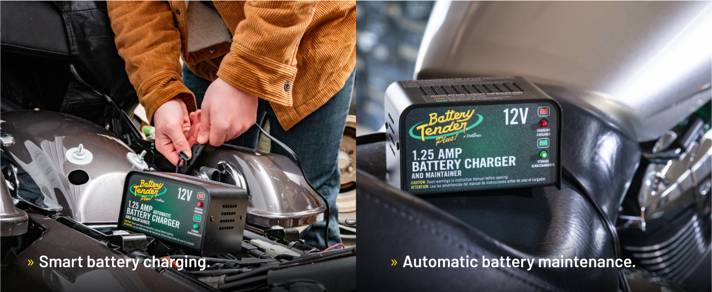 Battery Tender Plus12v 1.25 amp battery charger sitting on a motorcycle and being plugged in