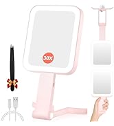 GOMIPURU Magnifying Travel Mirror with Light, 30X/1X Double-Sided Magnifying Mirror with 3 Color ...