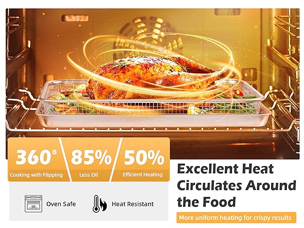 Elevated air fryer rack allows heat circulate around the food for 360° even heating