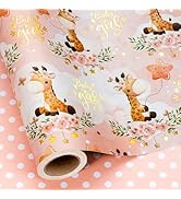 MAYPLUSS Reversible Baby Girl Wrapping Paper Roll, Little Girl Baby Shower Wrapping Paper, Metall...