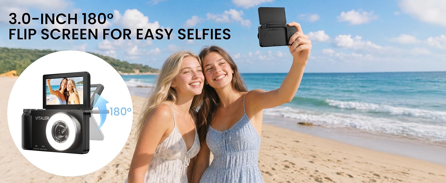 Text reads '3.0-INCH 180° FLIP SCREEN FOR EASY SELFIES'. Woman taking selfie with compact camera on beach, showing flip screen feature and camera being held at arm's length.