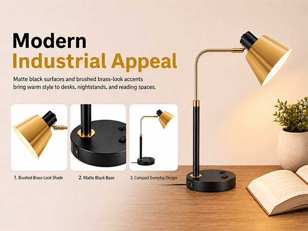 Modern industrial style metal desk lamp in black and brass finish