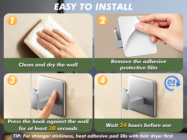 Easy installation steps: clean and dry wall, peel film, press firmly for 30 seconds, wait 24 hours