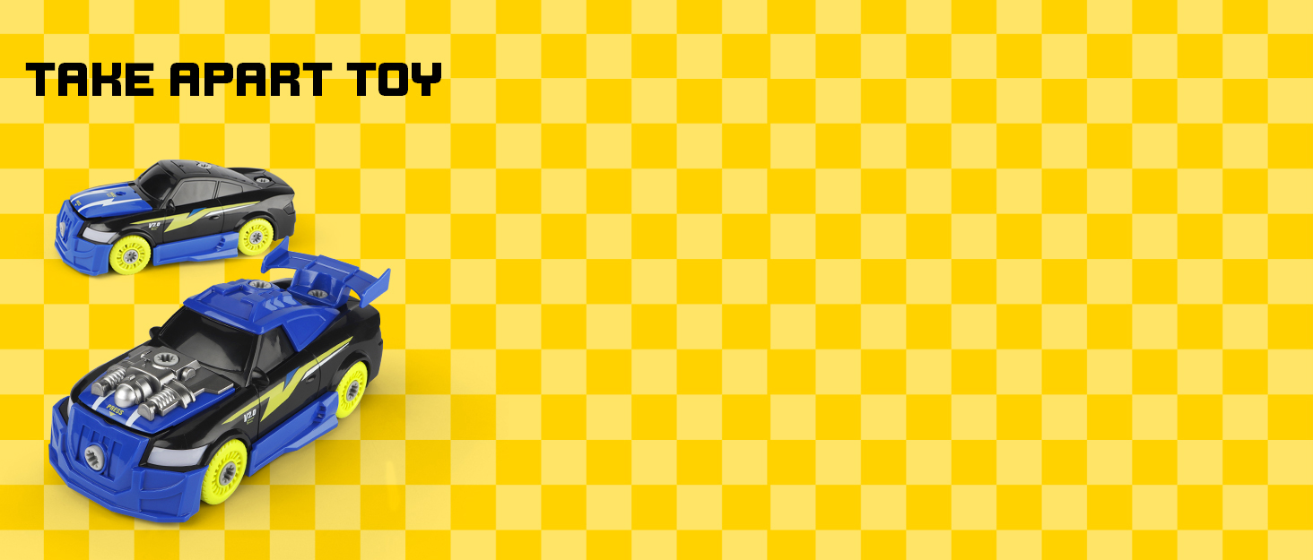 Take-apart toy car in blue and yellow colors with visible internal components, displayed on yellow checkered background.
