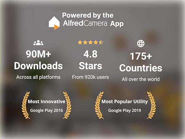 AlfredCamera app stats showing 90M+ downloads, 4.8 stars, and availability in 175+ countries.