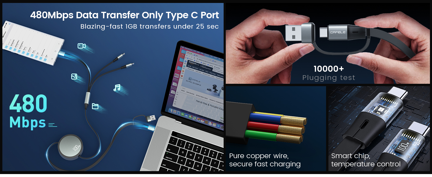 420Mbps data transfer only type c port retractable phone charger retractable usb c charger