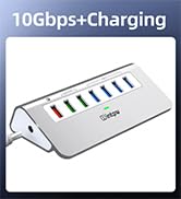 intpw Powered USB Hub 10Gbps, Aluminum 7 Port USB 3.2 Data Hub with 4 USB 3.2 Gen 2 Ports, 3 Fast...