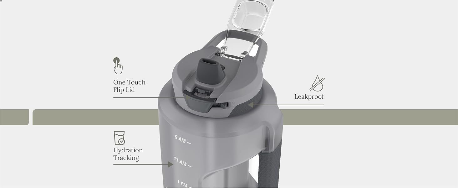 Zulu Goals water bottle close-up with carry loop, leakproof lid, and hydration tracker.