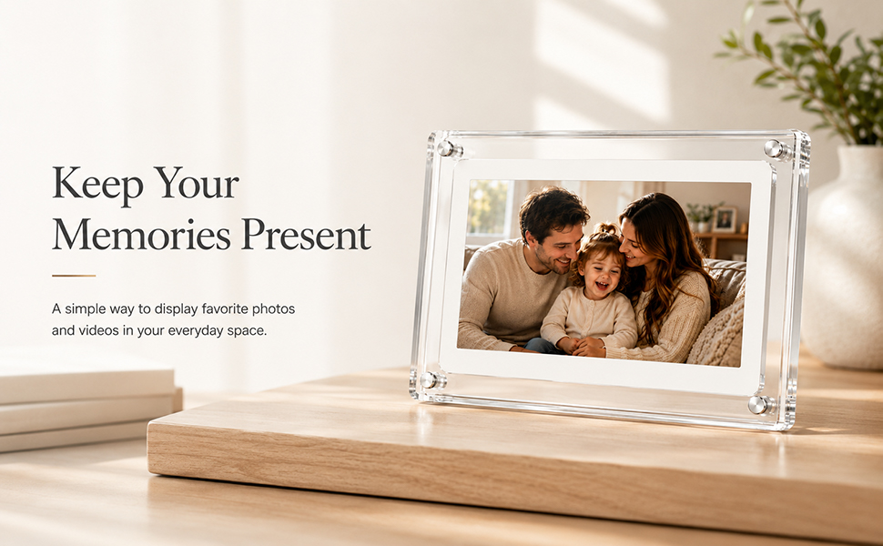 Acrylic digital photo frame displaying family memories in a warm home setting