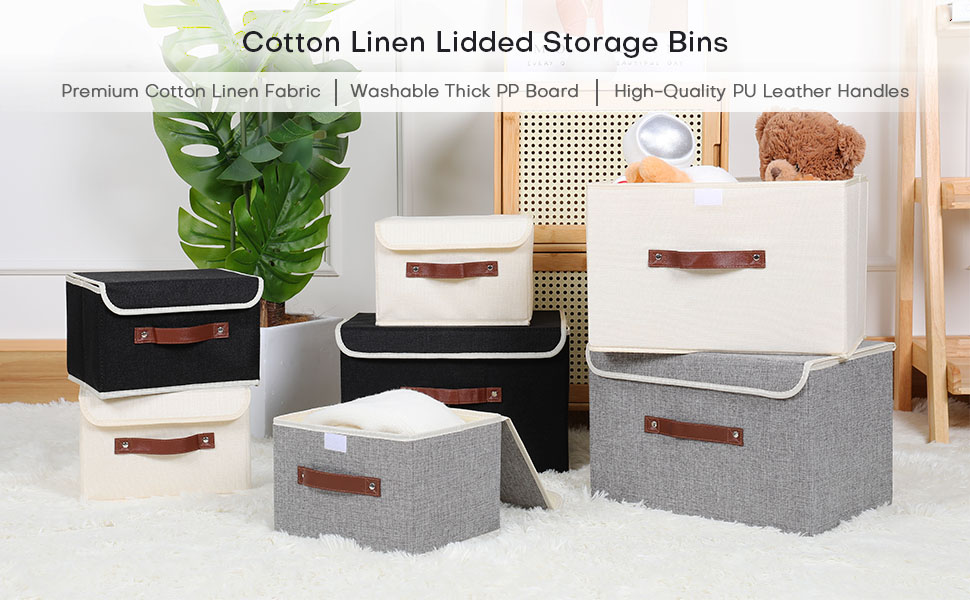 Fabric Storage Bins with Lid Faux Leather Handles