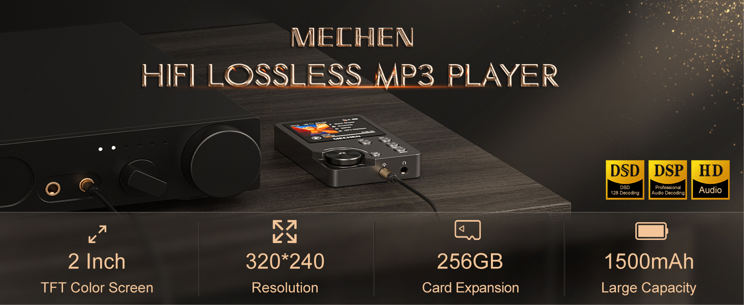 Hi-Fi MP3 player featuring 2-inch TFT color screen, 320x240 resolution, 256GB card expansion, and 1500mAh battery capacity. Device shown with controls and display screen.