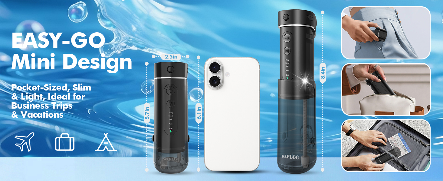 Text reads 'EASY-GO Mini Design'. Product demonstration showing compact water bottle with phone compatibility and various usage scenarios in blue themed panels.