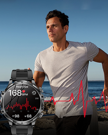 Smartwatch with heart rate display showing 158 BPM. Round face, dark band. Overlaid on image of person in white t-shirt by the sea.