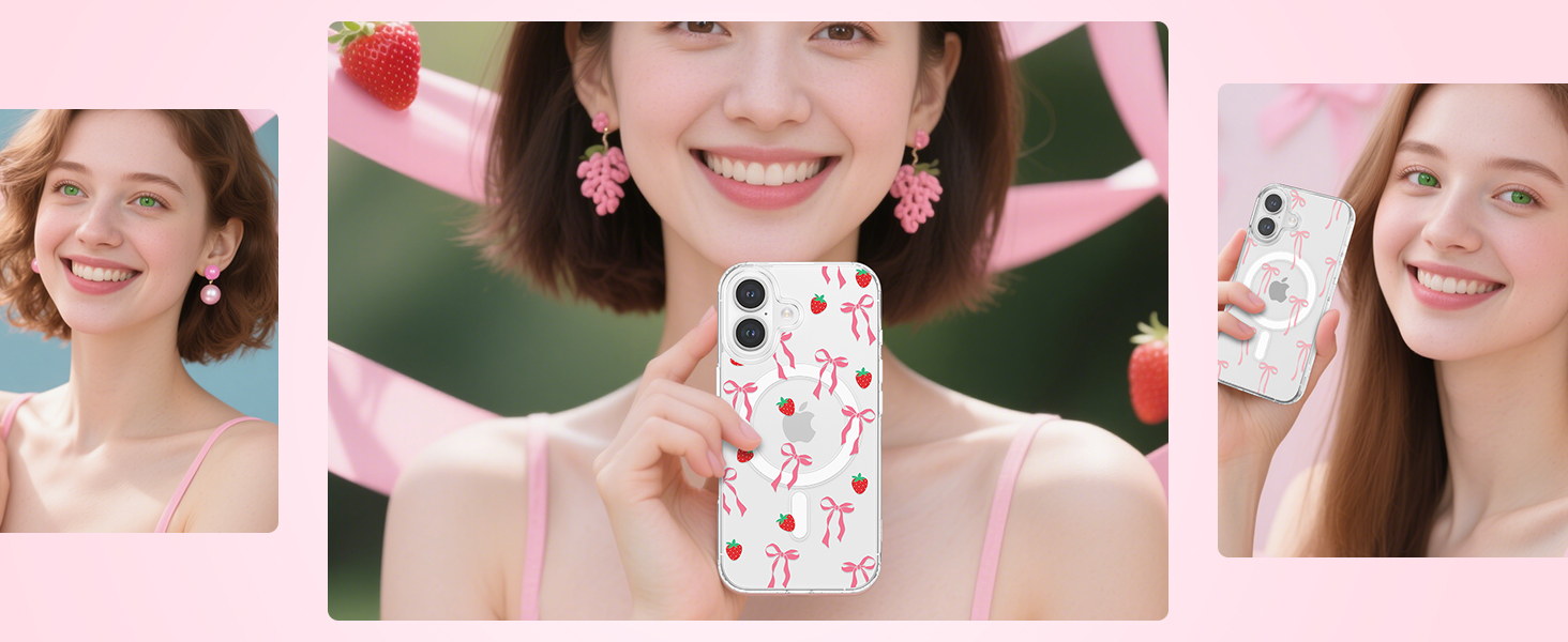 Three-panel product showcase with pink background displaying floral-patterned phone case.