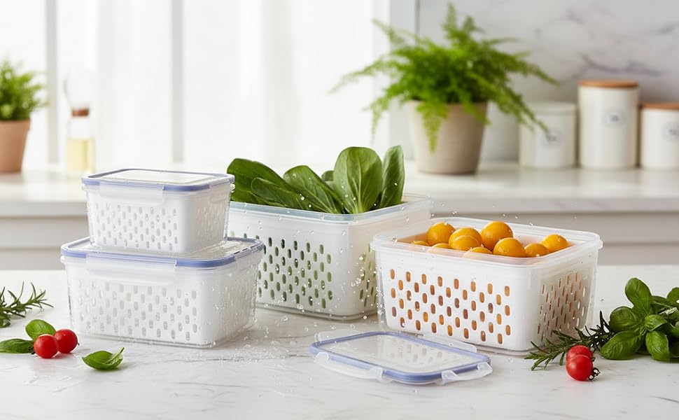 Refrigerator Storage Containers with Removable Colander Baskets