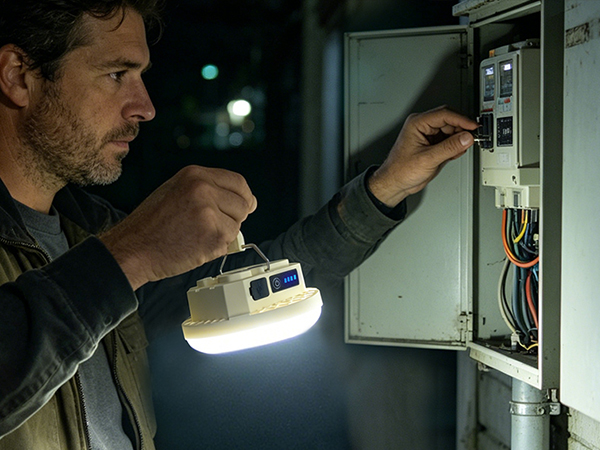 Man using a handheld rechargeable LED lantern to light up nighttime electrical repair work