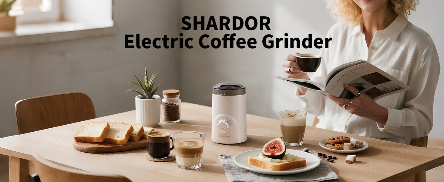 SHARDOR Electric Coffee Grinder on a breakfast table with fresh coffee and toast.