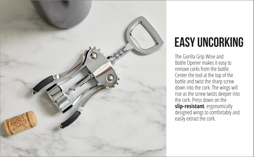 manual corkscrew wine opener and cork in kitchen