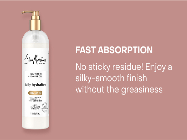 Image of SheaMoisture Body Lotion next to text about fast absorption.