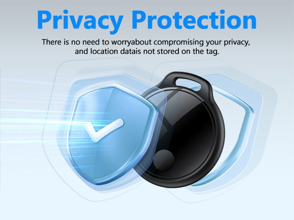 Text reads 'Privacy Protection' and 'There is no need to worryabout compromising your privacy and location data not stored on the tag.' Blue shield design with lock icon.