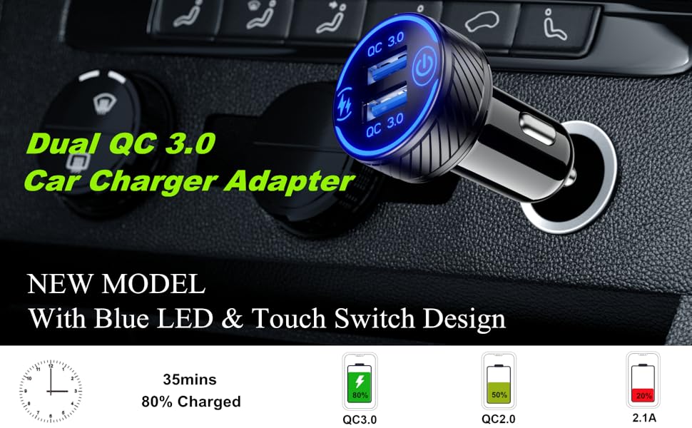 Dual QC 3.0 USB Car charger with blue led and touch switch